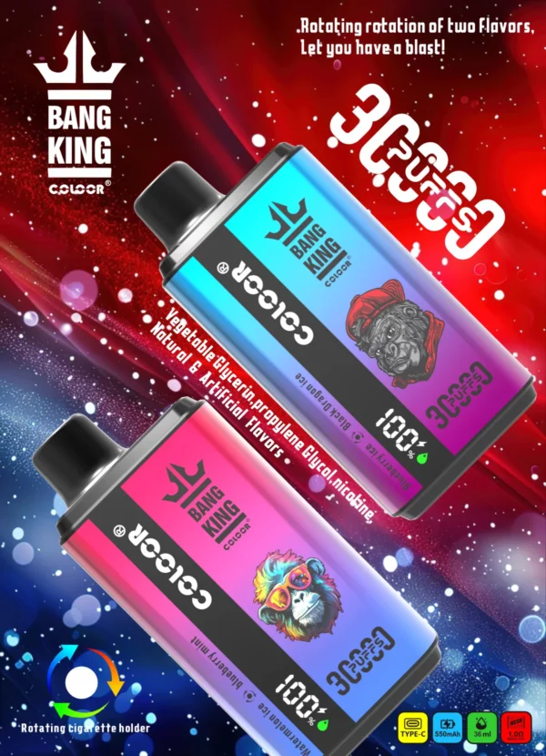 Bang King 30000 Puffs Double Flavor 0% 2% 3% 5% Genopladelige engangsvapes med lav nikotinindhold Pen Bulk Køb Engros - BeerVape - 1