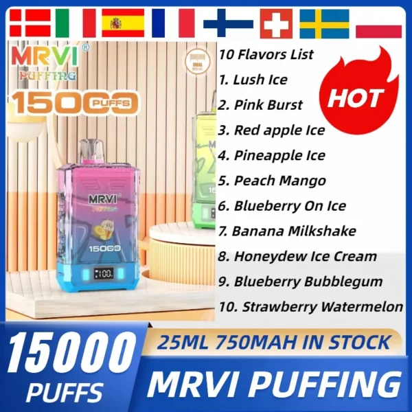 MRVI Puffing 15000 Puffs Dual Mesh Digital Screen 2% 5% Low Nicotine Rechargeable Disposable Vapes Pen Bulk Buy Wholesale - BeerVape - 1